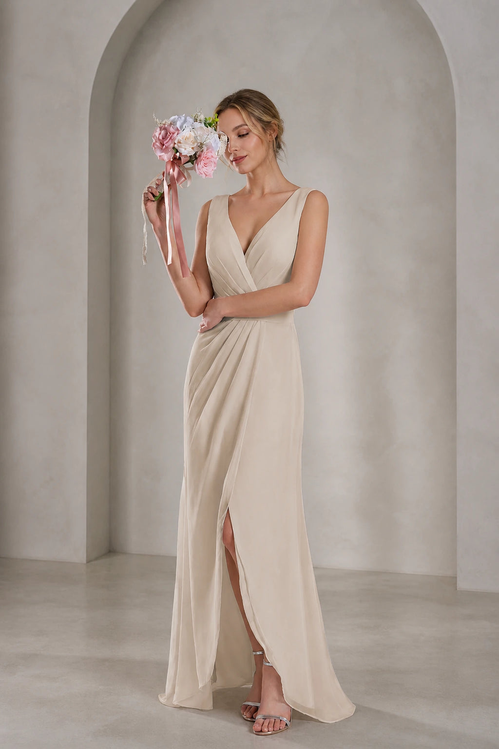 Champagne A-line V-neck sleeveless bridesmaid dress with pleated bodice, high-low skirt and open back, front and back view by Vedress