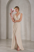 Champagne A-line V-neck sleeveless bridesmaid dress with pleated bodice, high-low skirt and open back, front and back view by Vedress