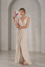 Champagne A-line V-neck sleeveless bridesmaid dress with pleated bodice, high-low skirt and open back, front and back view by Vedress