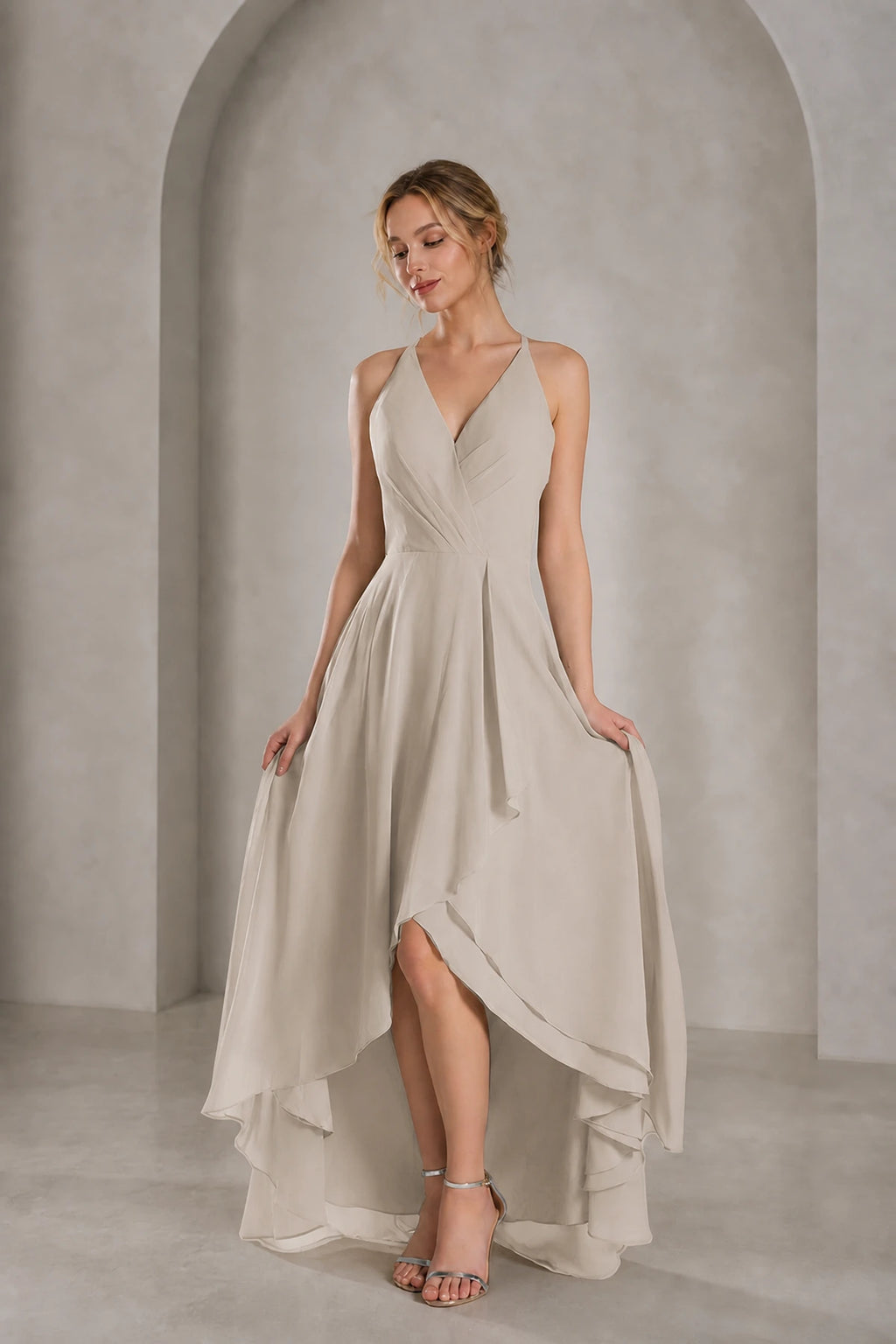 Champagne A-line V-neck sleeveless bridesmaid dress with pleated bodice, high-low skirt and open back, front and back view by Vedress