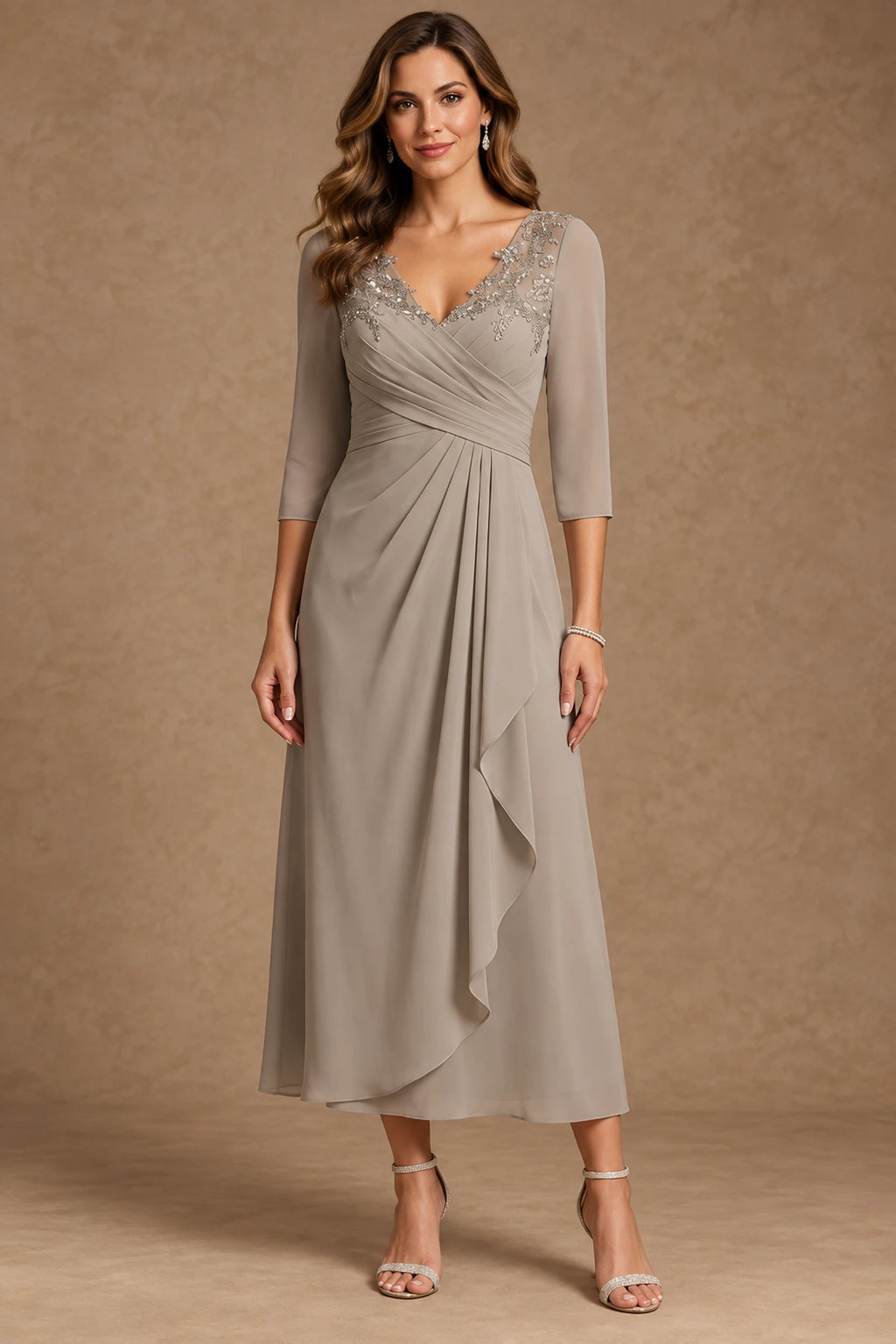 Champagne mother of the bride dress with V neckline and three quarter sleeves