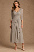 Champagne mother of the bride dress with V neckline and three quarter sleeves
