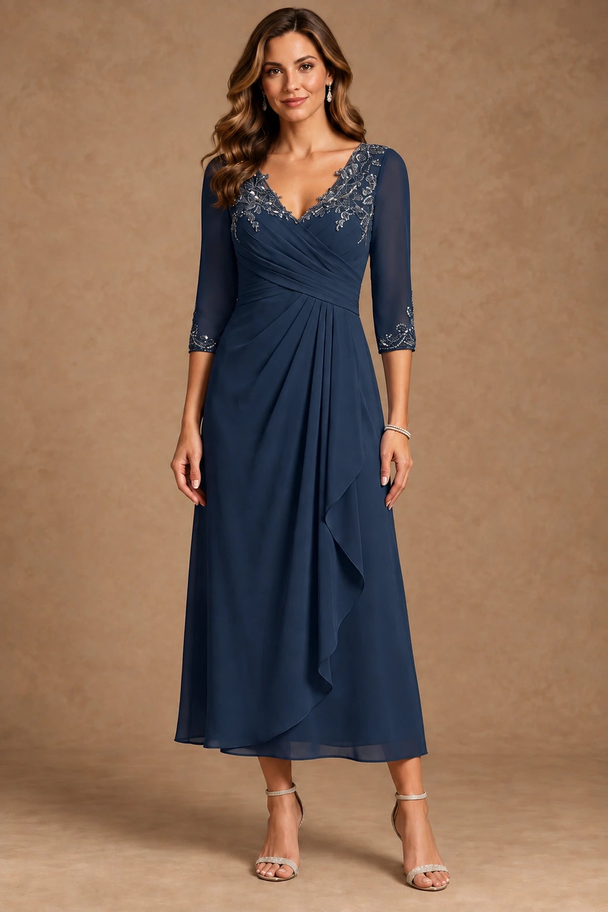 Elegant A Line V Neck Three Quarter Sleeve Mother of the Bride Dress