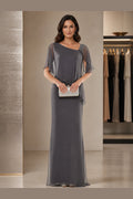 Charcoal gray mother of the bride dress with asymmetric neckline, sheer cape sleeves, beaded shoulder detail and floor-length silhouette, front and back view