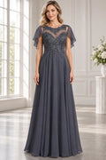 Charcoal gray A-line Mother of the Bride Dress with illusion scoop neckline, flutter sleeves and embellished lace bodice