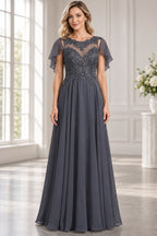 Charcoal gray A-line Mother of the Bride Dress with illusion scoop neckline, flutter sleeves and embellished lace bodice