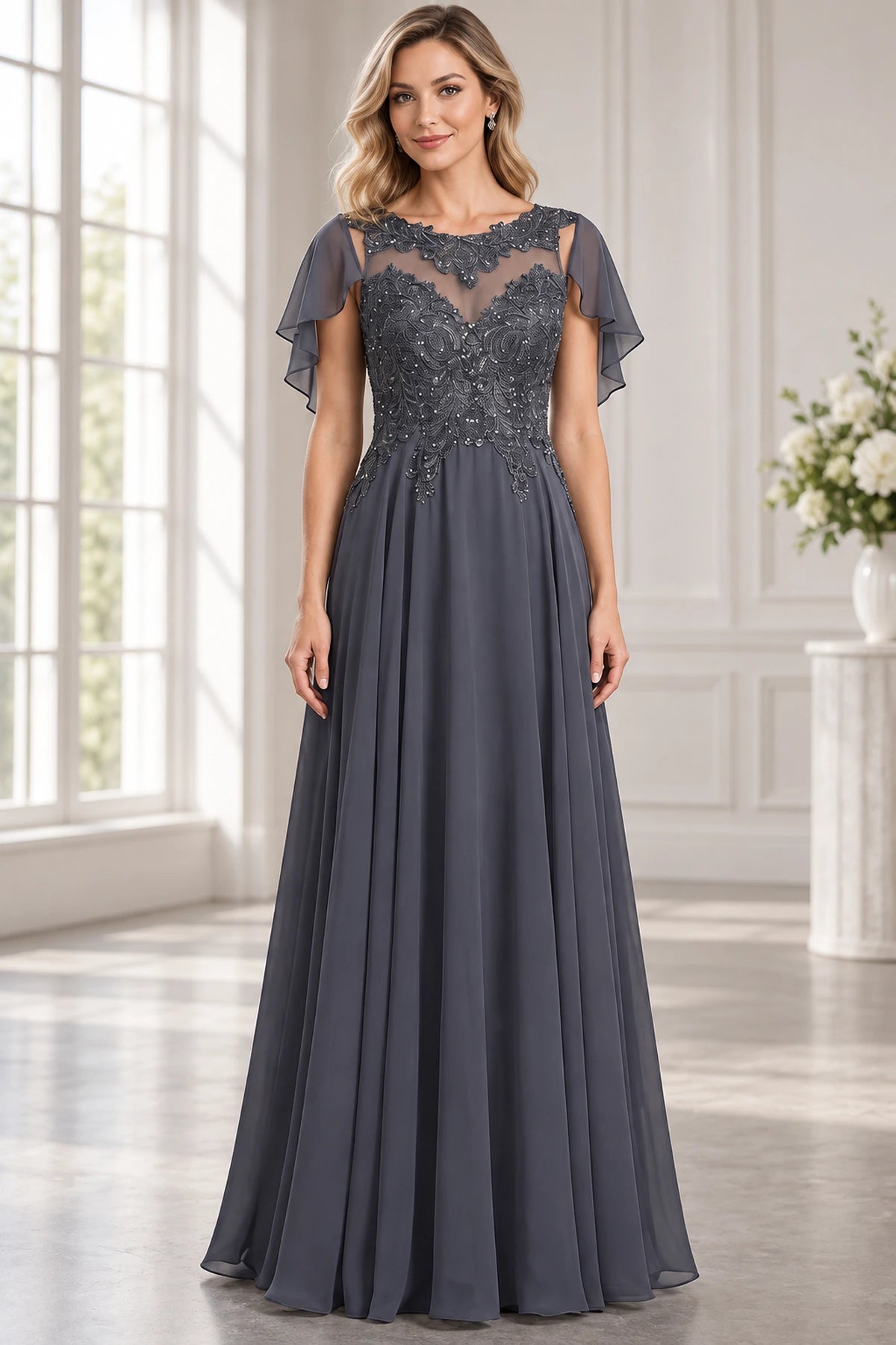 Charcoal gray A-line Mother of the Bride Dress with illusion scoop neckline, flutter sleeves and embellished lace bodice