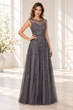 Charcoal gray Mother of the Bride Dress with illusion neckline, floral lace appliqué, sequin details and floor-length A-line skirt
