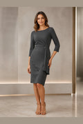 Charcoal gray sheath Mother of the Bride Dress with bateau neckline, three-quarter sleeves and asymmetric draped waist front view