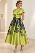 Chartreuse green A-line Mother of the Bride Dress with one-shoulder neckline, floral waist accent and navy floral skirt
