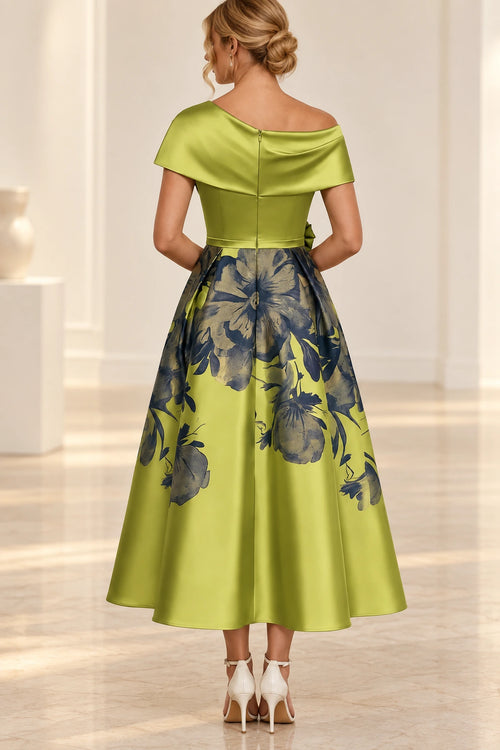 Back view of chartreuse green Mother of the Bride Dress with asymmetric neckline, center zipper and ankle-length floral A-line skirt