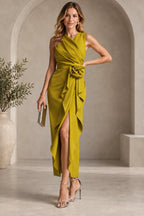 Chartreuse Mother of the Bride Dress with asymmetrical neckline, rosette waist, cascading ruffle and front slit