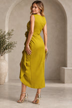 Back view of chartreuse Mother of the Bride Dress with sleeveless fitted bodice and side drape