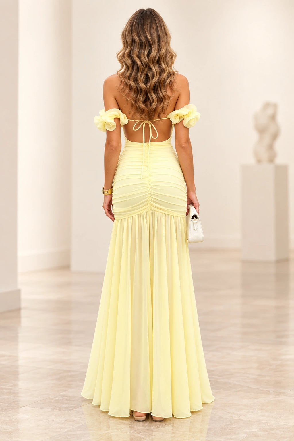 Romantic Chiffon Mermaid Off Shoulder 3D Floral Tie Back Floor Length Prom Dress