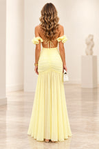 Romantic Chiffon Mermaid Off Shoulder 3D Floral Tie Back Floor Length Prom Dress