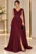Graceprom burgundy chiffon A-line prom dress with a cowl neckline, corset-style bodice, ruched hips, front slit and long shoulder cape.