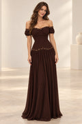 Brown chiffon A-line prom dress with an off-shoulder sweetheart neckline, short puff sleeves, ruched bodice and sparkling waist trim by Graceprom.