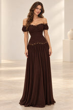 Brown chiffon A-line prom dress with an off-shoulder sweetheart neckline, short puff sleeves, ruched bodice and sparkling waist trim by Graceprom.