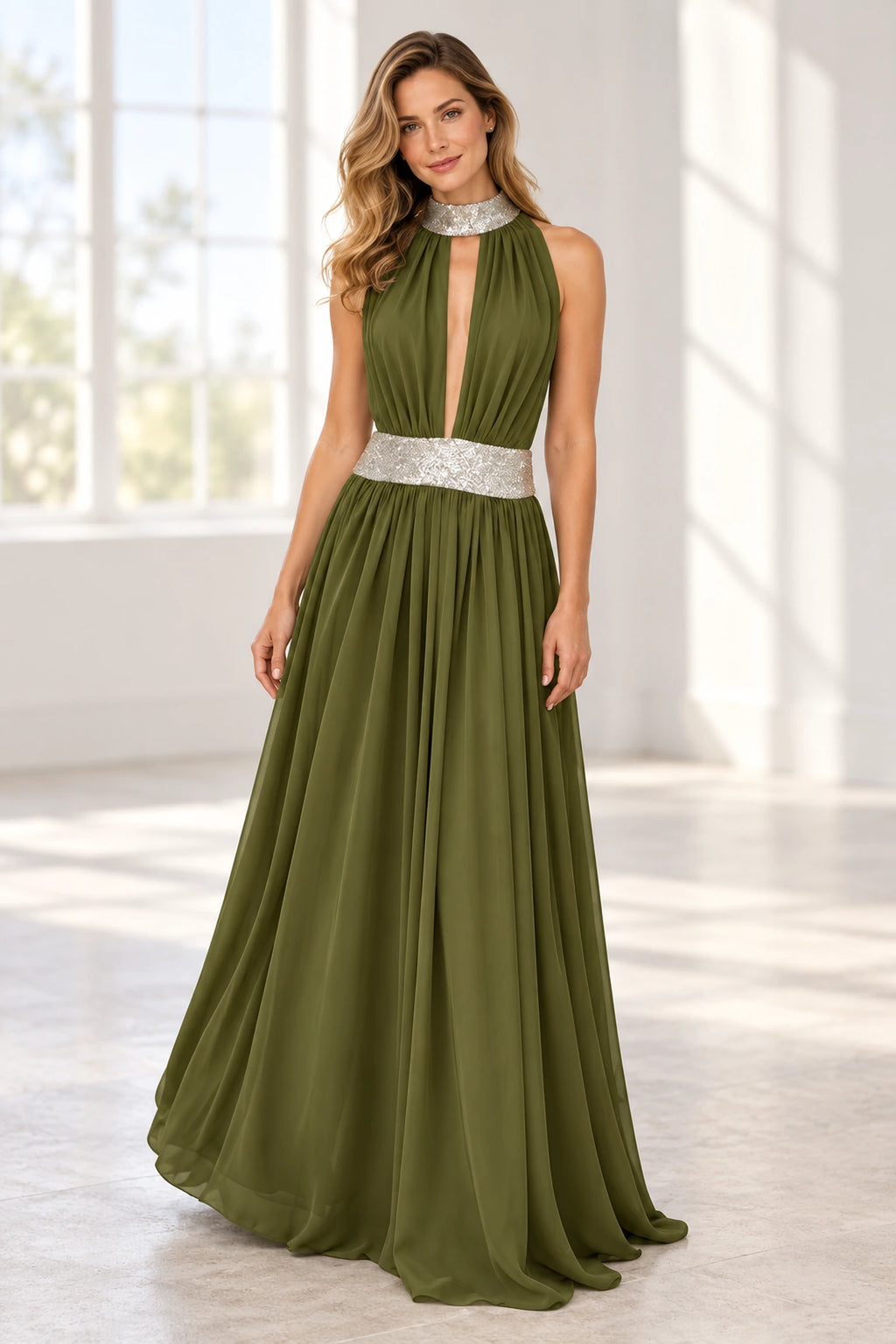 Elegant Chiffon A-Line Halter Sleeveless Open-Back Floor-Length Prom Dress