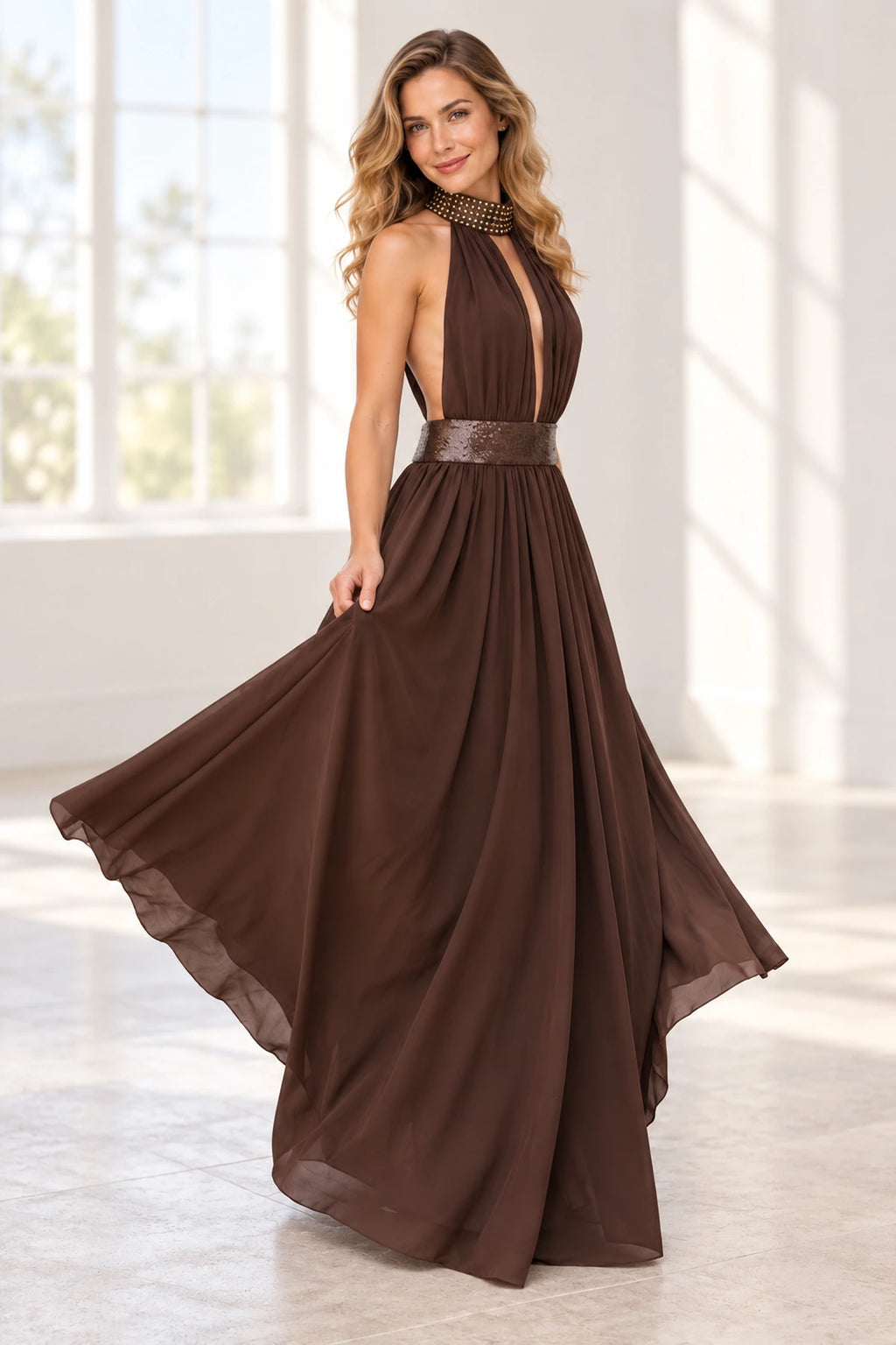Elegant Chiffon A-Line Halter Sleeveless Open-Back Floor-Length Prom Dress