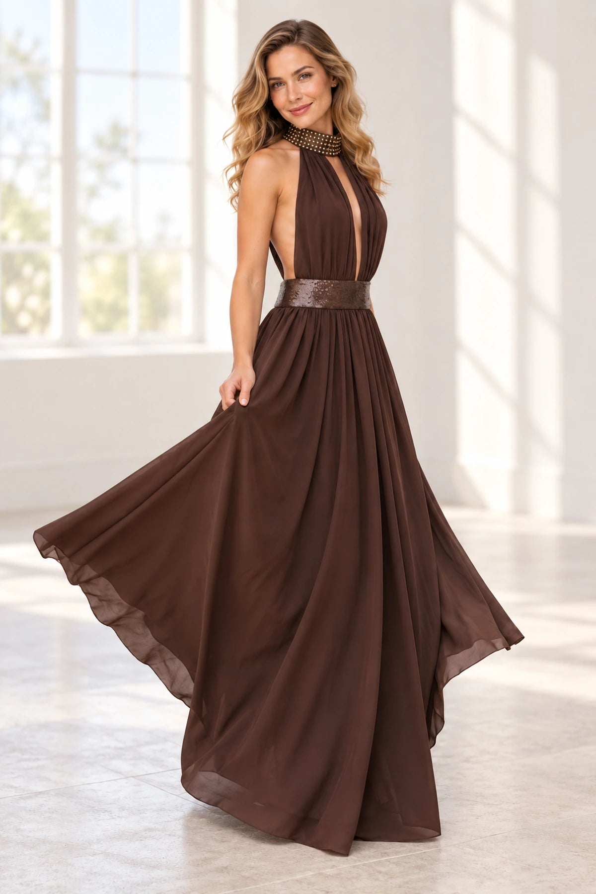 Elegant Chiffon A-Line Halter Sleeveless Open-Back Floor-Length Prom Dress