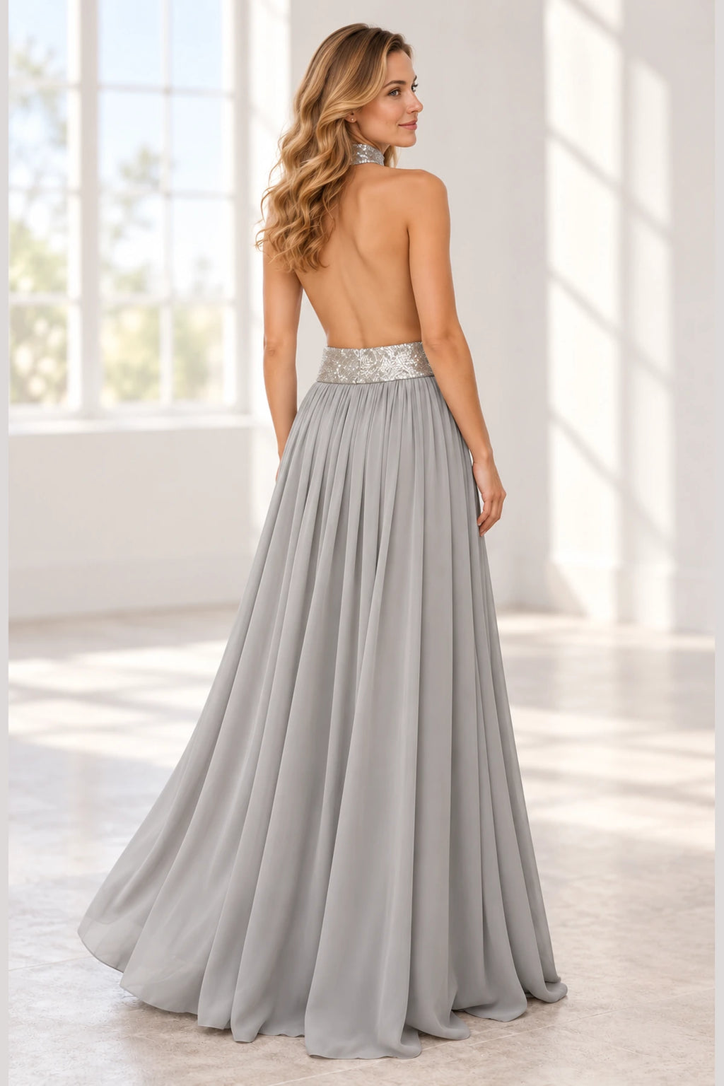 Elegant Chiffon A-Line Halter Sleeveless Open-Back Floor-Length Prom Dress