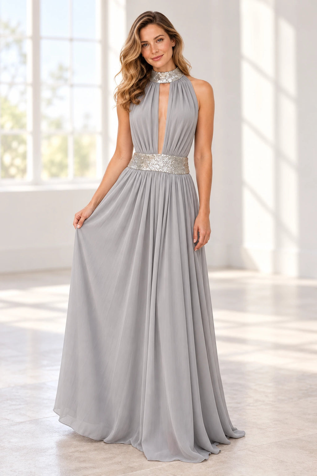 Elegant Chiffon A-Line Halter Sleeveless Open-Back Floor-Length Prom Dress