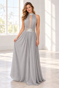 Elegant Chiffon A-Line Halter Sleeveless Open-Back Floor-Length Prom Dress