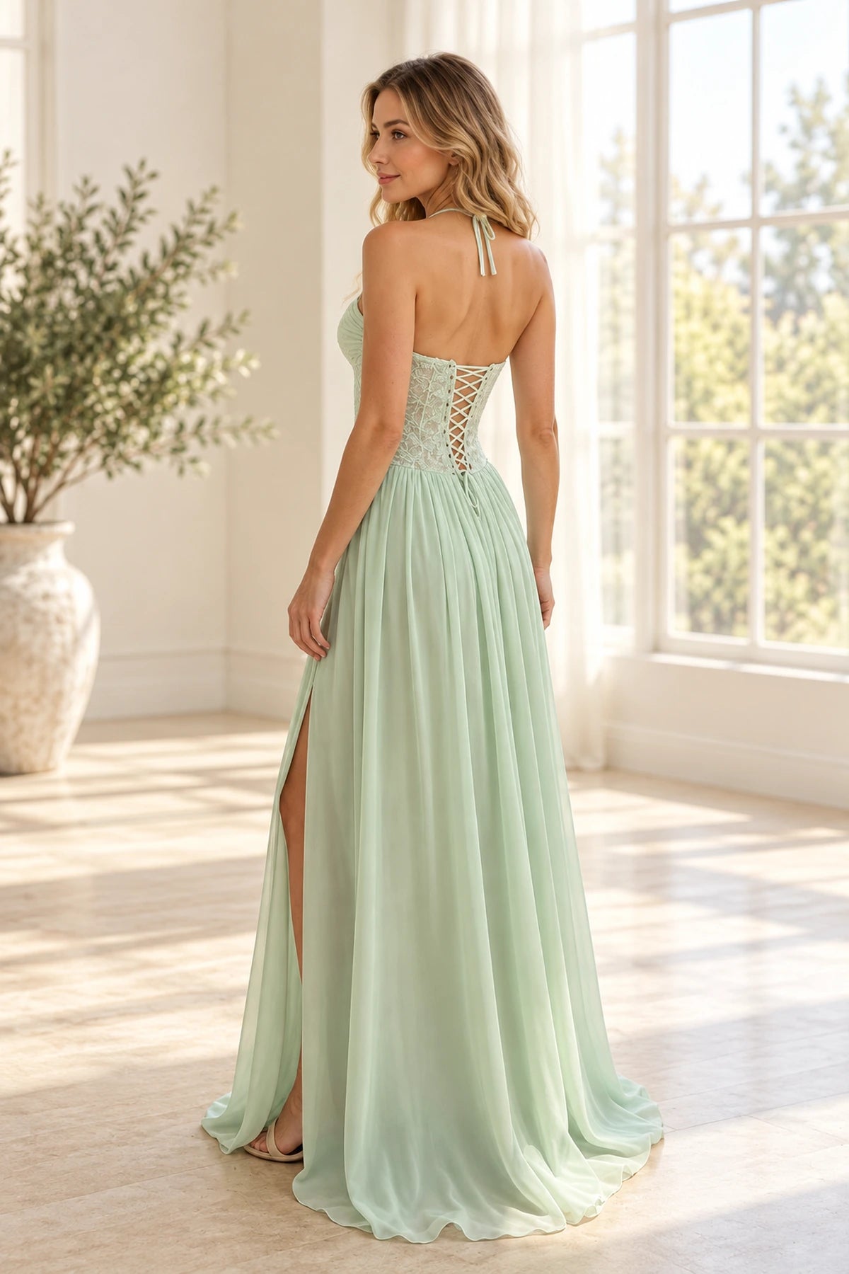 Back view of a mint green Graceprom chiffon prom dress with halter neck ties, a sheer floral lace bodice, crisscross back lacing and flowing skirt.