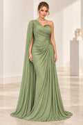 Front view of Graceprom sage green chiffon wedding guest dress with a one shoulder neckline, cape sleeve, ruched mermaid skirt and beaded accents.