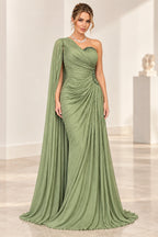 Front view of Graceprom sage green chiffon wedding guest dress with a one shoulder neckline, cape sleeve, ruched mermaid skirt and beaded accents.