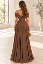Back view of Graceprom brown chiffon wedding guest dress with a low draped cowl back, beaded waist, ruched hips and floor length skirt.