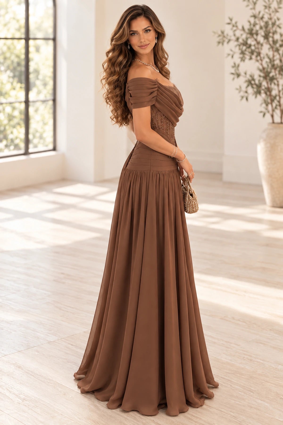 Elegant Chiffon A-Line Off Shoulder Short Sleeve Low Back Long Wedding Guest Dress