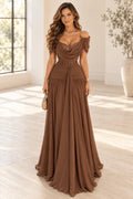 Elegant Chiffon A-Line Off Shoulder Short Sleeve Low Back Long Wedding Guest Dress