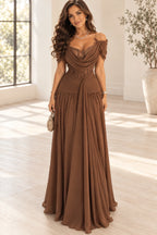 Elegant Chiffon A-Line Off Shoulder Short Sleeve Low Back Long Wedding Guest Dress