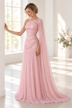 Elegant Chiffon A-Line One-Shoulder Cape-Sleeve Zipper-Back Long Wedding Guest Dress