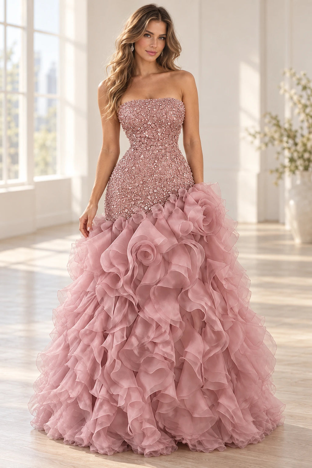 Graceprom dusty rose chiffon and sequin prom dress with a strapless fitted bodice, oversized 3D roses and cascading ruffle skirt.