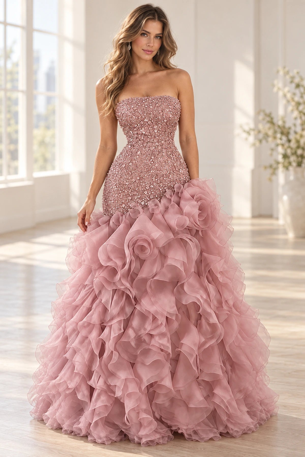Graceprom dusty rose chiffon and sequin prom dress with a strapless fitted bodice, oversized 3D roses and cascading ruffle skirt.