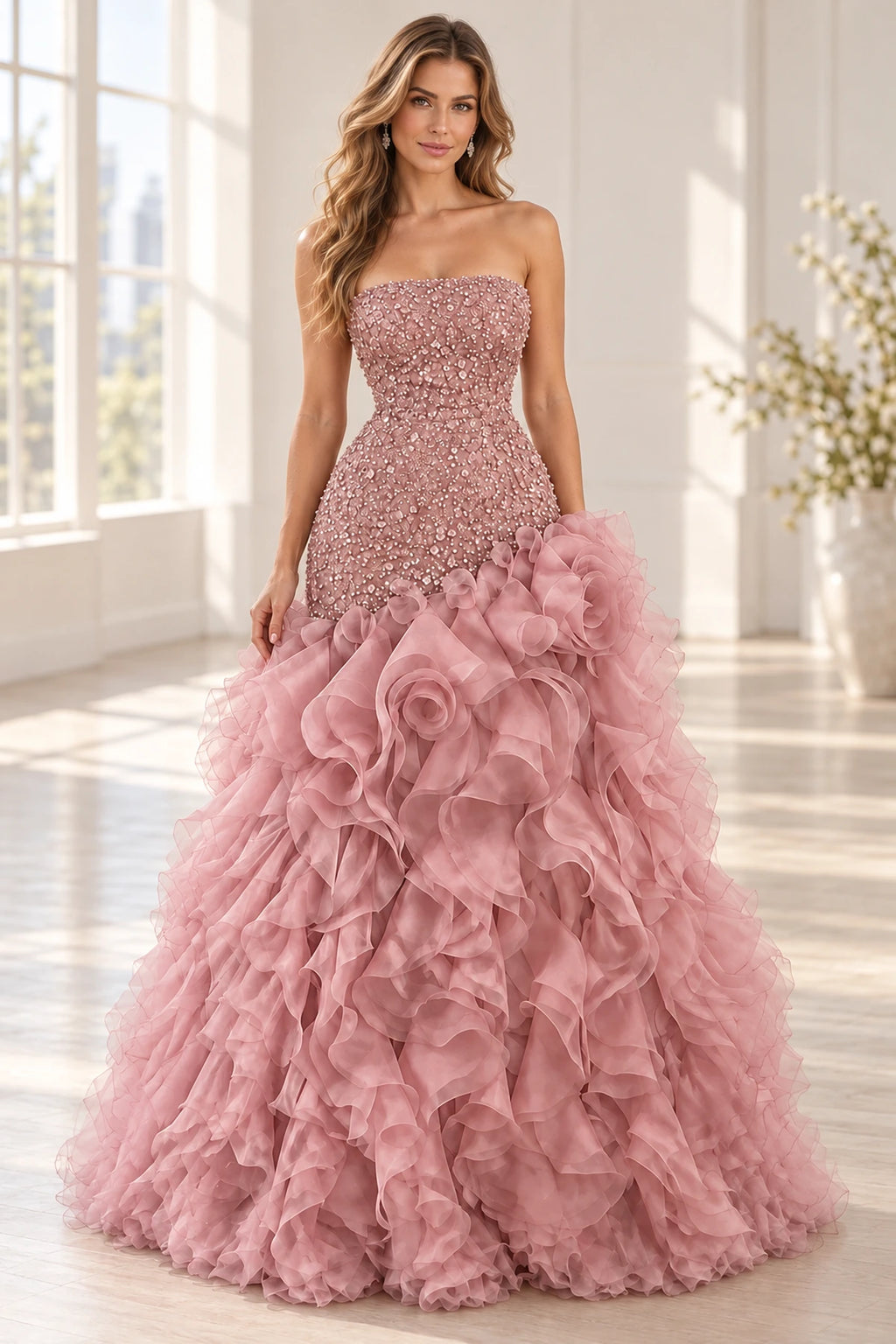 Luxurious Chiffon Sequin Mermaid Strapless Sleeveless Low Back Long Prom Dress