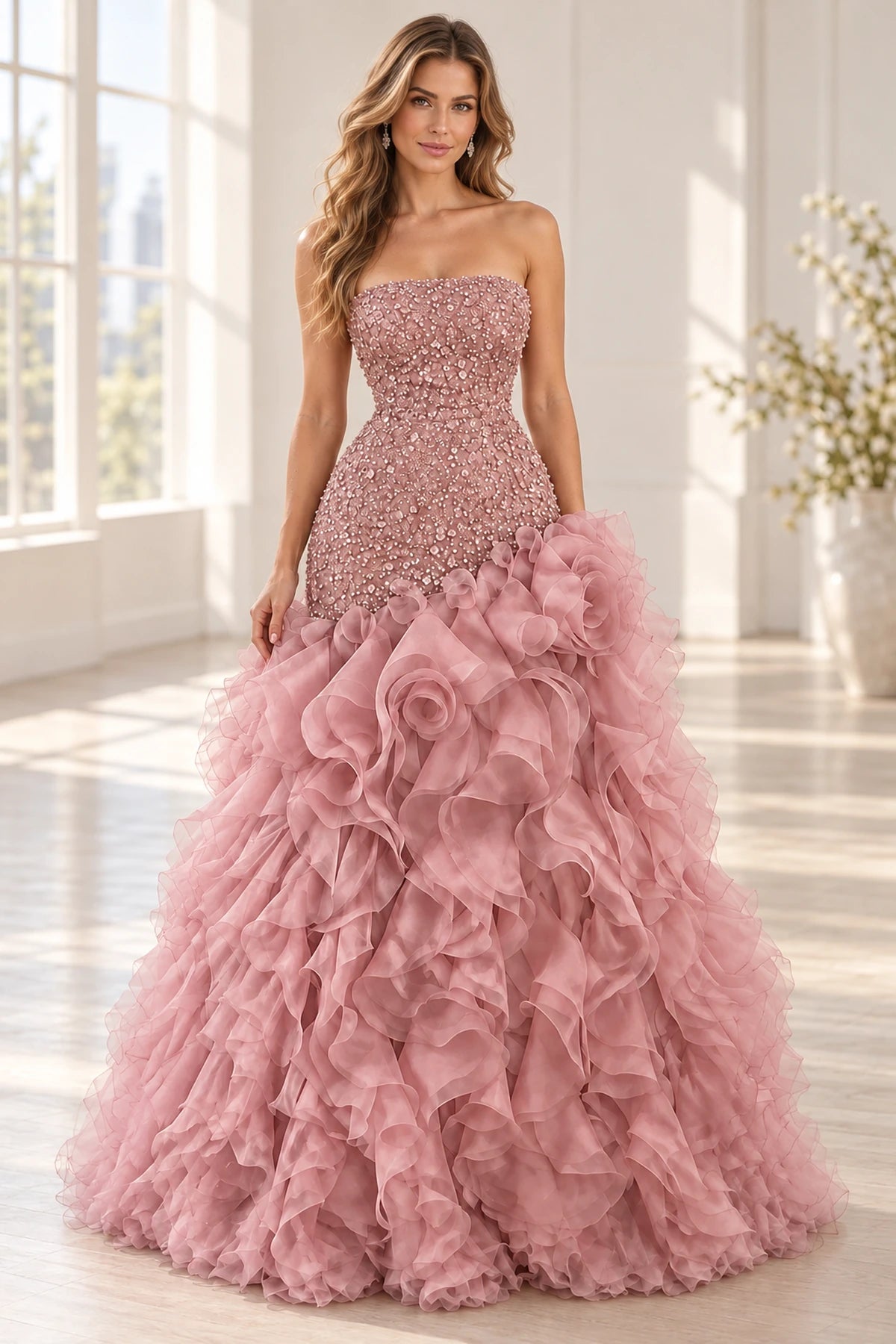 Luxurious Chiffon Sequin Mermaid Strapless Sleeveless Low Back Long Prom Dress