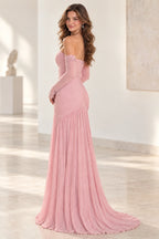 Back view of Graceprom blush pink chiffon prom dress with a low ruched back, beaded sheer sleeves and a floor length skirt with sweep train.