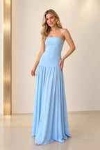 Elegant Chiffon Fit and Flare Straight Neck Strapless Zipper Back Floor Length Slit Prom Dress