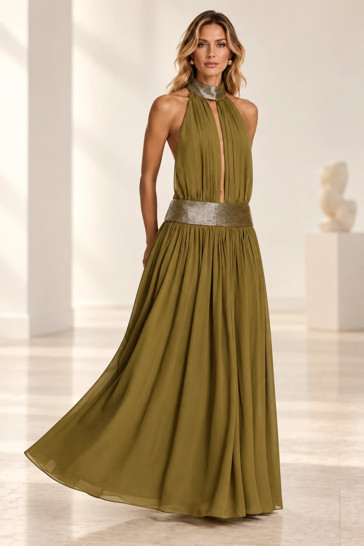 Sophisticated A Line Halter Neck Open Back Maxi Evening Dress