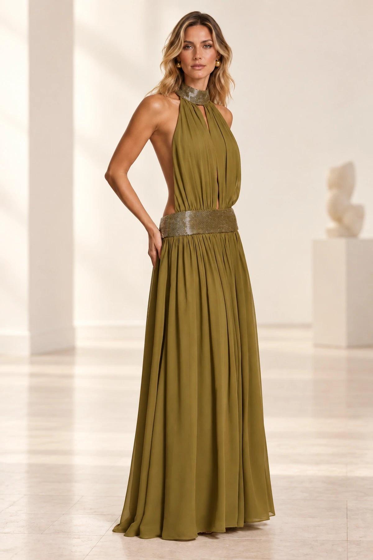 Sophisticated A Line Halter Neck Open Back Maxi Evening Dress