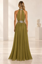 Sophisticated A Line Halter Neck Open Back Maxi Evening Dress
