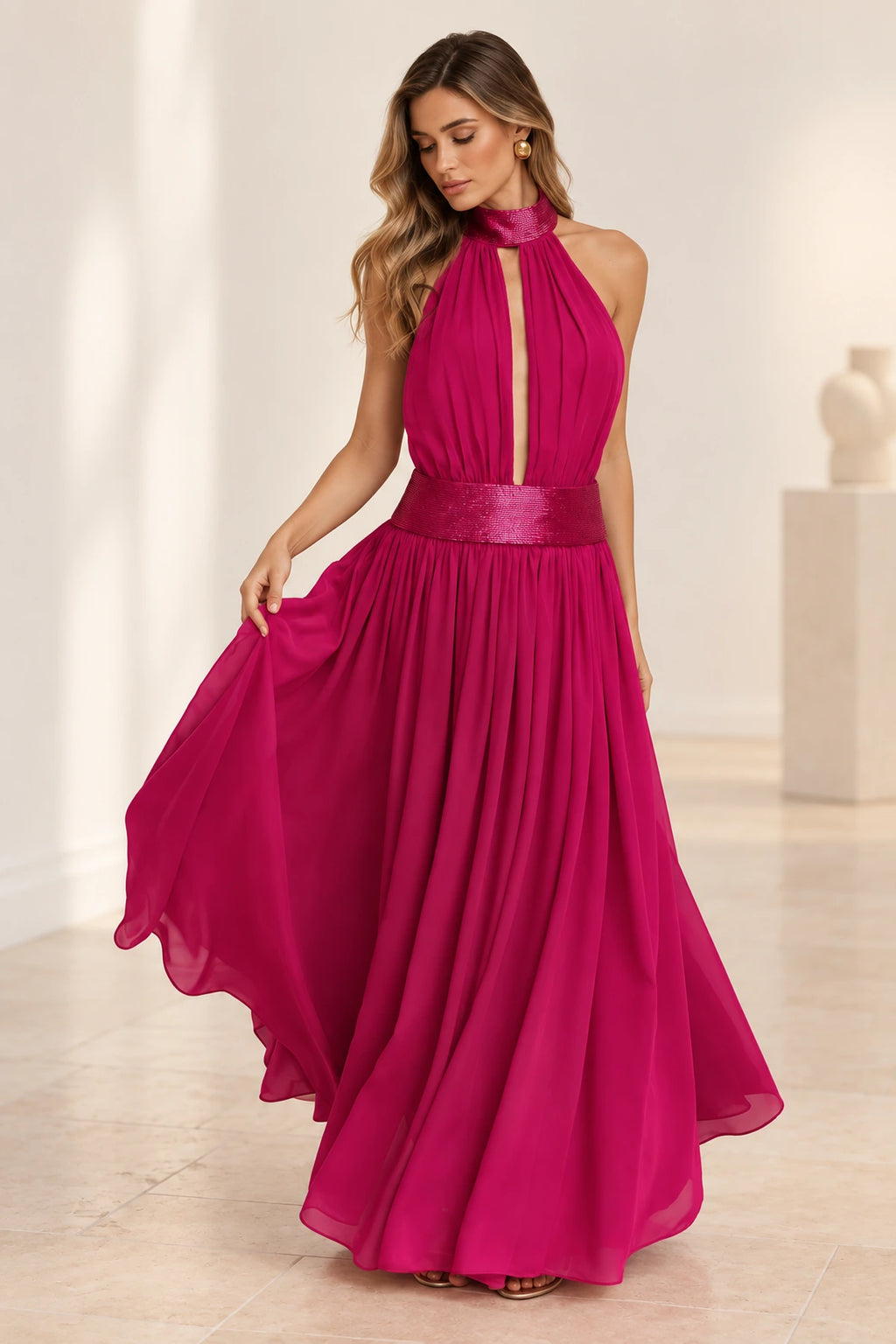 Sophisticated A Line Halter Neck Open Back Maxi Evening Dress