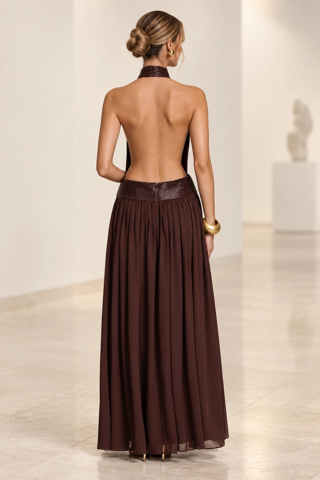 Chocolate brown open back halter evening dress with flowing chiffon skirt