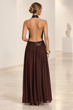 Chocolate brown open back halter evening dress with flowing chiffon skirt
