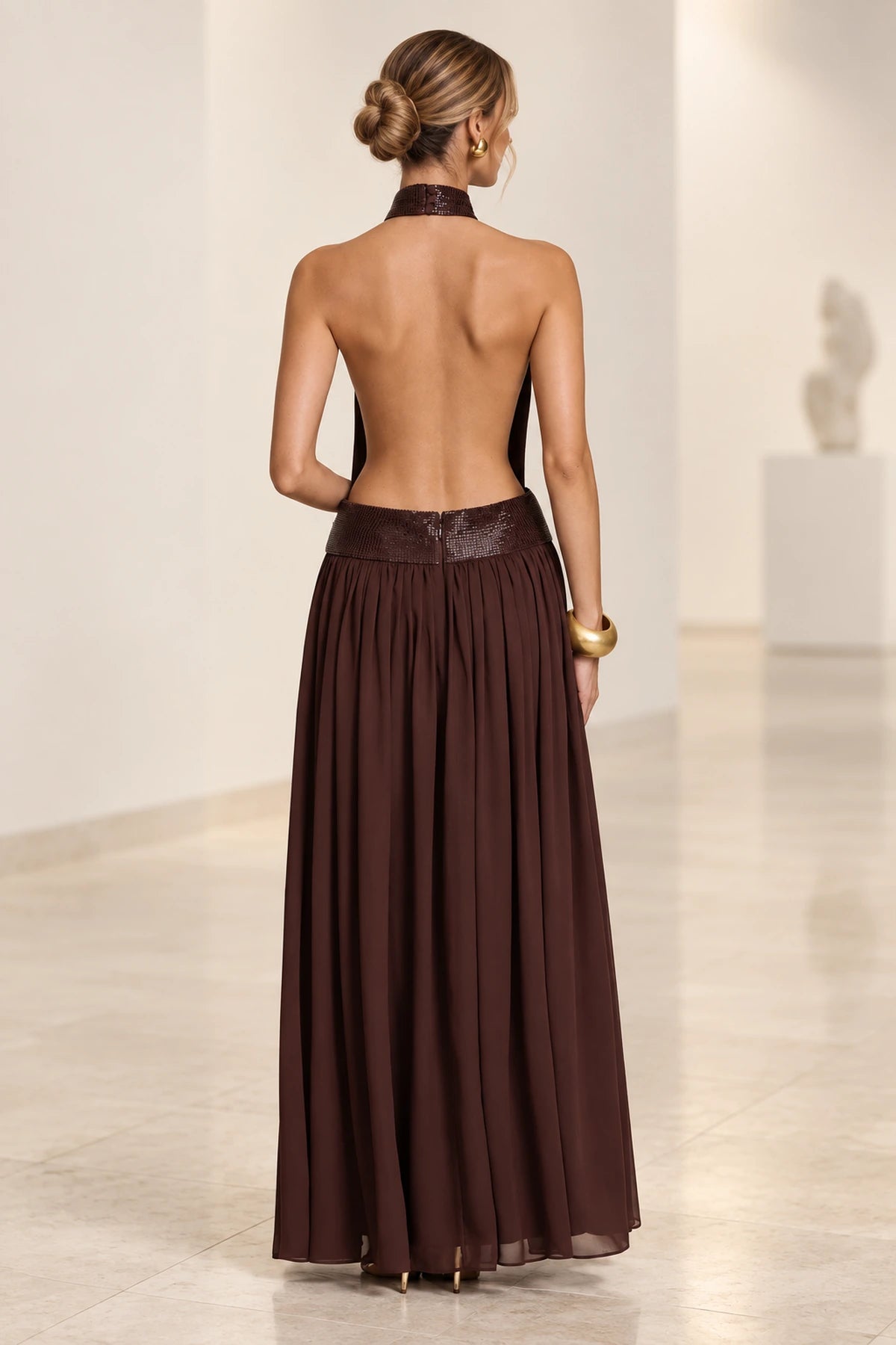 Chocolate brown open back halter evening dress with flowing chiffon skirt