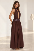 Chocolate brown halter neck A line maxi evening dress with sequin waist detail